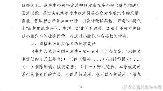 小鹏汽车法务部:满格电公司多次发表不实言论和恶意诋毁内容,被判删除其发布侵权内容,道歉并赔偿100000元
